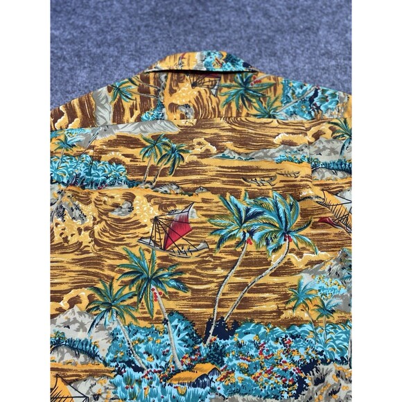Vintage Waikiki 76 Mens Large Hawaiian Aloha Shirt Palm Trees Sail Boat Brown Lg - Picture 13 of 15